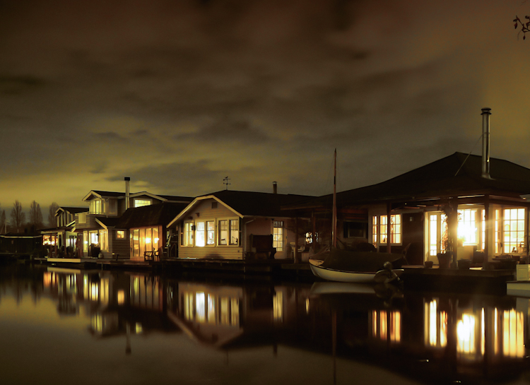 Lake Union Portage Bay Houseboats at Night in Seattle