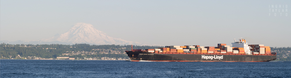 Container Ship on Puget Sound and Mt. Rainier