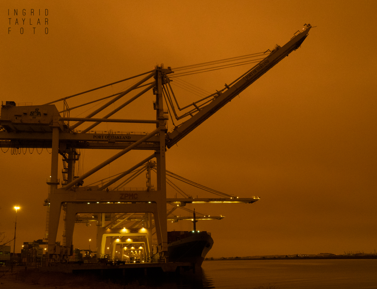 Port of Oakland Cranes in Orange Wildfire Smoke