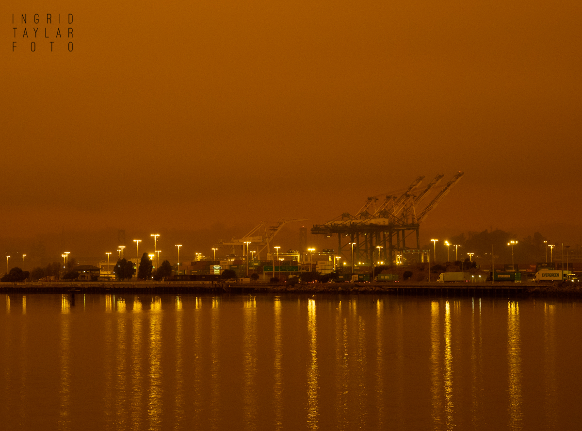 Port of Oakland Cranes in Orange Wildfire Smoke