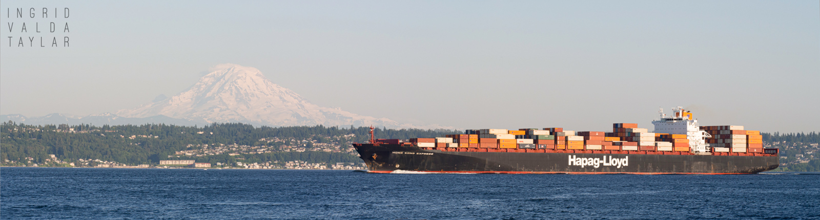 Stitched Panorama of Mt. Rainier and Container Ship