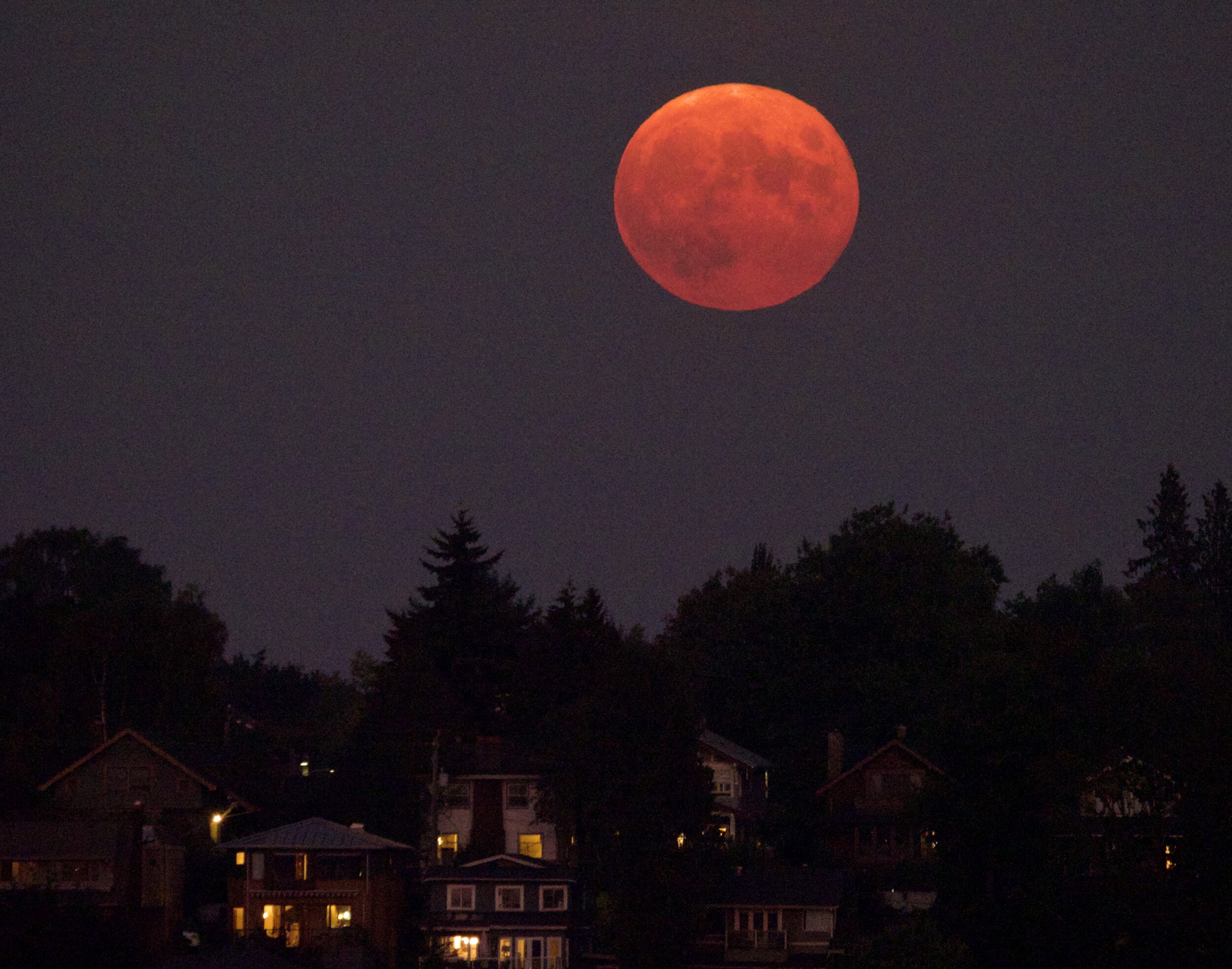 Orange Full Moon Rise Over Queen Anne Seattle