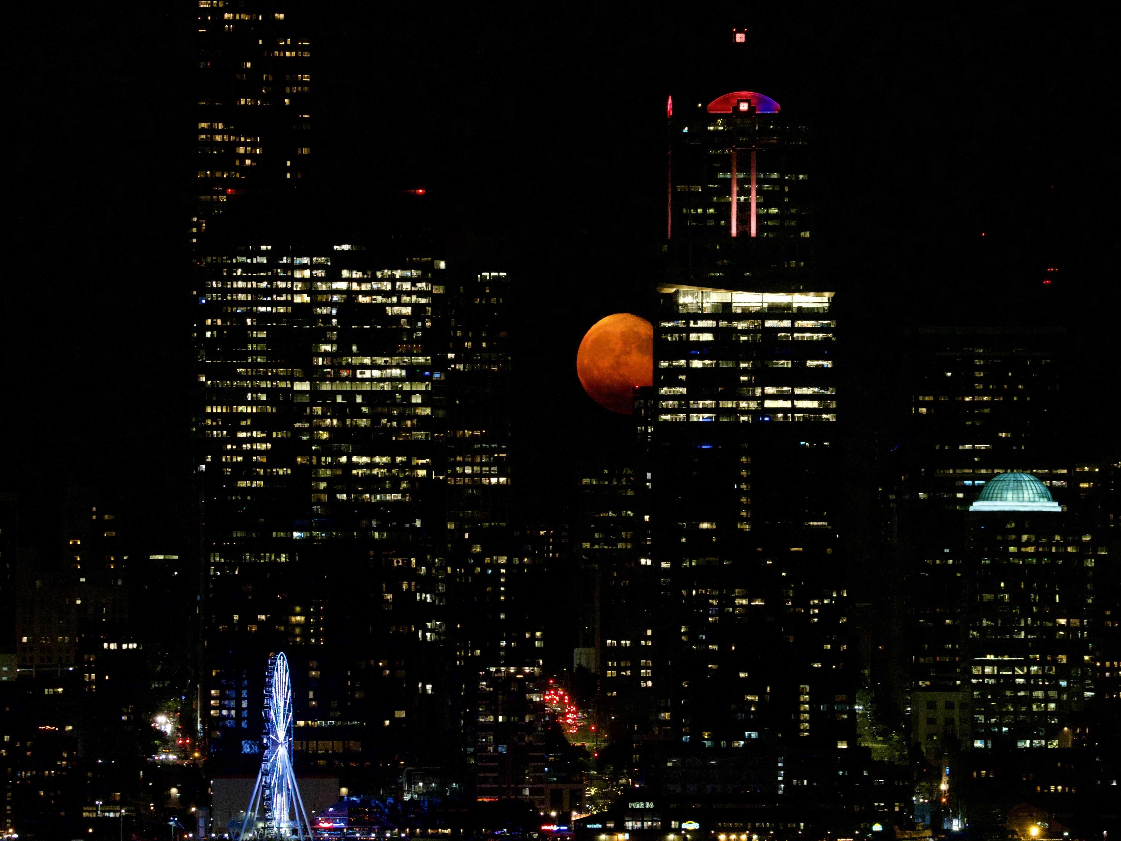 Orange Autumn Moonrise Over Seattle