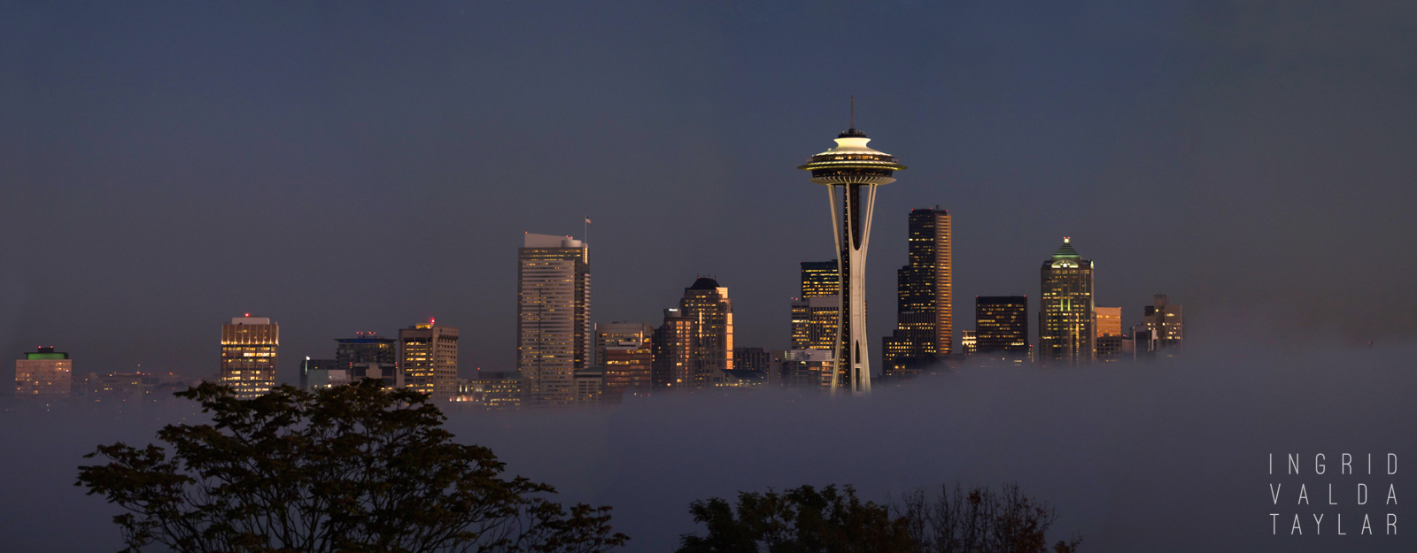 Seattle Skyline in Night Fog