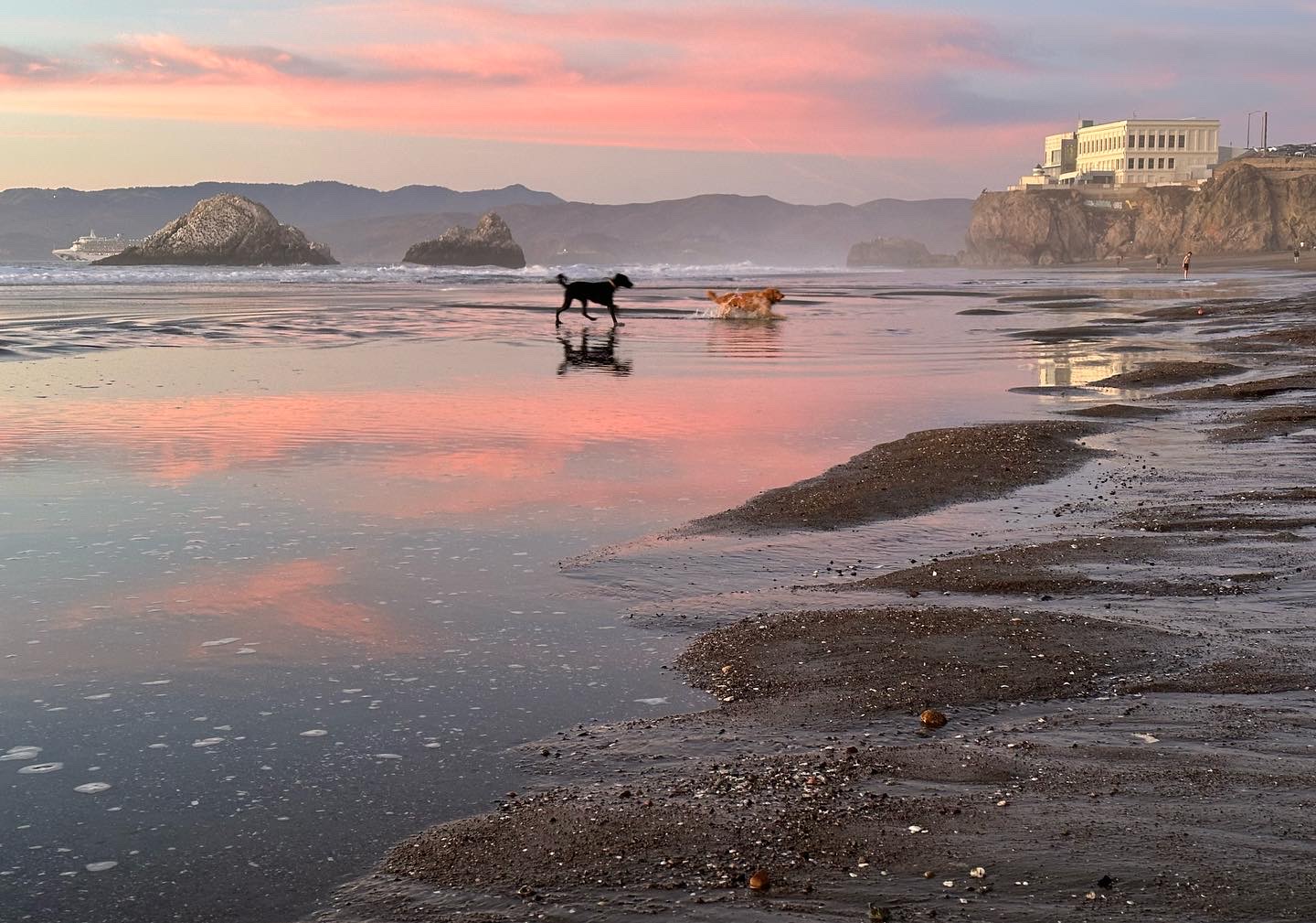 San Francisco Cliff House and Ocean Beach at Low Tide Sunset